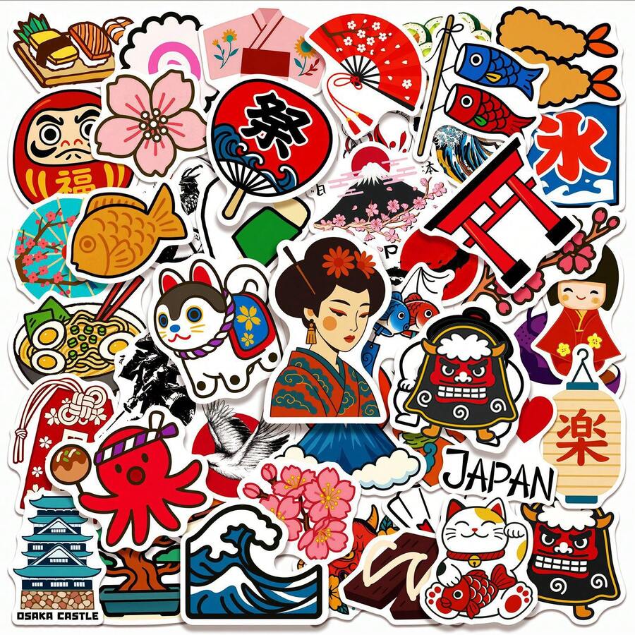 50张日式传统元素贴纸，可用于剪贴簿、笔记本、行李箱、笔记本电脑、滑板等。 - 多色 - 查看 1