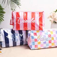 Personalized Embroidered Cosmetic Bag, Custom Waterproof Toiletry Bag, Striped Transparent Makeup Bag, Embroidered Travel Makeup Pouch, Personalized Large Capacity Toiletry Organizer - Multicolor - View 2