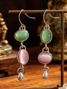 1 Đôi bông tai đá mắt mèo hai màu hồng xanh kiểu retro, bông tai hai lớp dáng giọt nước phong cách Bohemian dành cho nữ - Nhiều màu - Xem 7
