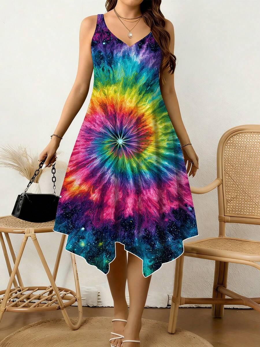 Colorful Tie Dye Print Women V Neck Sleeveless Dress Irregular Hem Design Comfortable Breathable Casual Vacation Beach Wear 250g - Nhiều màu - Xem 1