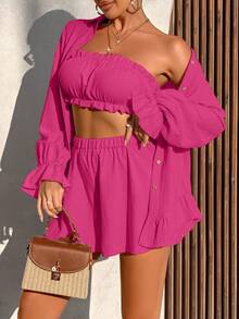 AIJ Amarilo Women's Summer Vacation Solid Color Textured Fabric Ruffle Blouse + Camisole + Shorts 3-Piece Set, Minimalist Daily Outfit Spring Elegant - Hot Pink - View 7