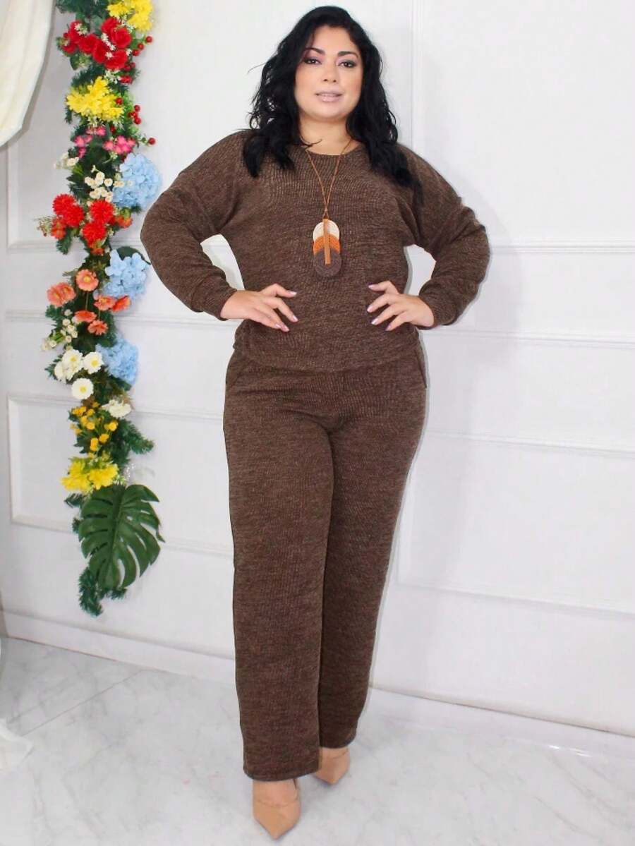 Conjunto Plus Size blusa manga longa e calça wide leg cintura alta com bolsos, em Malha Ribi Canelada Premium - Feminino elegante sueter pantalona inverno frio dia a dia confortável GG G1 G2 algodão marrom
