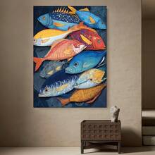 Framed 1 póster de arte mural costero enmarcado -  estilo manga, decoración náutica mediterránea con vida marina vibrante en azul, naranja y dorada para verano - lienzo envuelto para cocina, comedor o sala de estar - instalación fácil con gancho/pasta/montaje, decoración marina versátil, plano 2D - Enmarcado - Ver 1