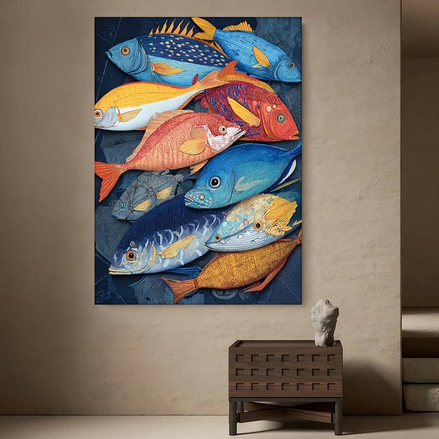 Framed 1 póster de arte mural costero enmarcado - estilo manga, decoración náutica mediterránea con vida marina vibrante en azul, naranja y dorada para verano - lienzo envuelto para cocina, comedor o sala de estar - instalación fácil con gancho/pasta/montaje, decoración marina versátil, plano 2D - Enmarcado - Ver 1