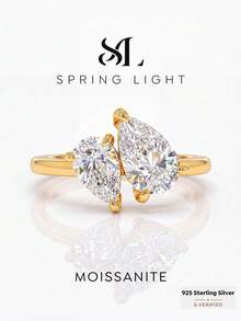 Anel de luxo elegante em prata de lei 925 com moissanita de corte quadrado em formato de gota d'água (1-1,25 ct), ideal para noivado, compromisso, aniversário, como presente ou joia feminina. Perfeito para presentear no Natal. - Anel duplo em moissanita em formato de lágrima - Ver 1