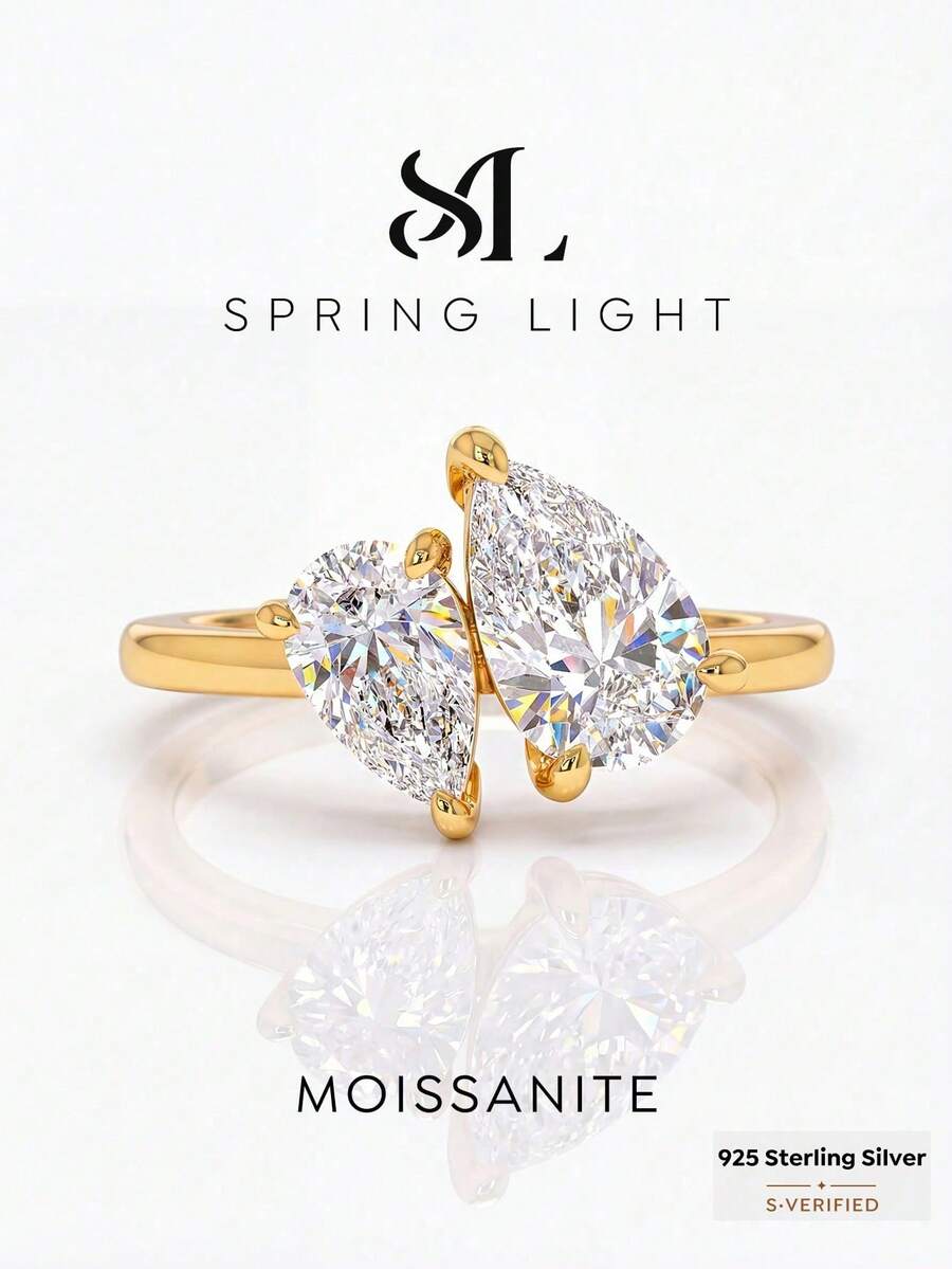 Anel de luxo elegante em prata de lei 925 com moissanita de corte quadrado em formato de gota d'água (1-1,25 ct), ideal para noivado, compromisso, aniversário, como presente ou joia feminina. Perfeito para presentear no Natal. - Anel duplo em moissanita em formato de lágrima - Ver 1
