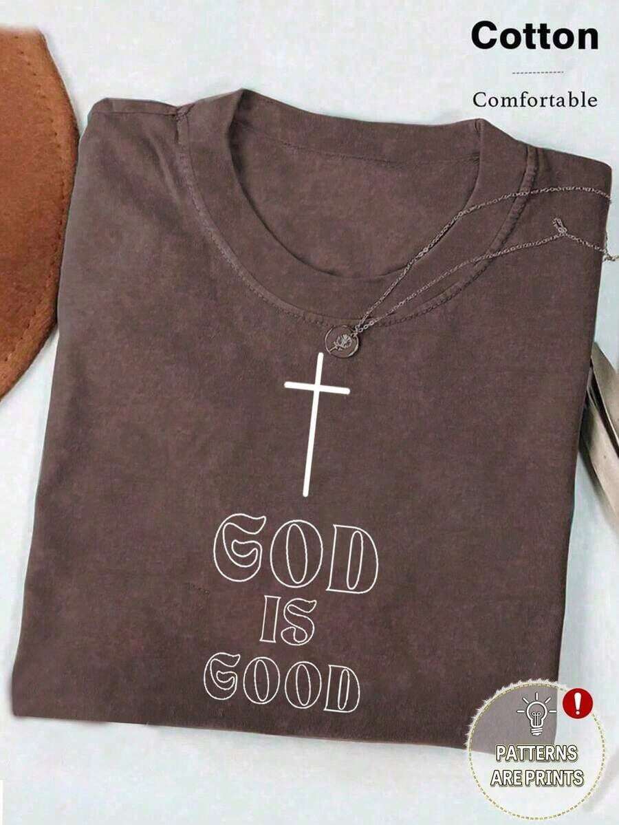 Embroidered Minimalist Shirt "God Is Good" Christian Faith Comfortable Color Shirt Gift, Faith Shirt, Faith T-Shirt, Church Group Shirt, Women Round Neck Embroidered T-Shirt100% Cotton - 咖啡棕色3 - 查看 1