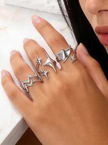 Bộ 3 chiếc nhẫn hở bằng thép không gỉ màu bạc kiểu Y2K sang trọng, gồm các họa tiết ngôi sao, cánh quỷ và sóng, phù hợp cho nữ giới đeo hàng ngày, lễ hội, hẹn hò, dự tiệc và phối đồ. - Vàng - Xem 5