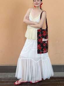 Sac fourre-tout décontracté de style vacances à grande capacité, avec imprimé floral tropical de rose noire, design de niche coréen INS - Rouge - Voir 3
