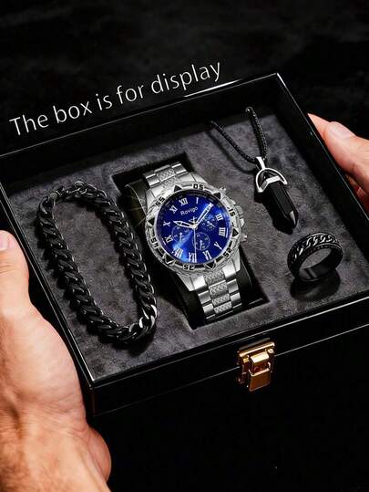 四件套极简商务男士石英表，男士硬汉风格多功能石英表配件套装，包括一款银色钢表带罗马数字男士石英表、手链、吊坠项链和戒指。以沉稳的蓝银色对比和粗犷的街头设计为中心，三角形数字表盘和月相显示彰显个性，搭配耐用高品质钢表带。