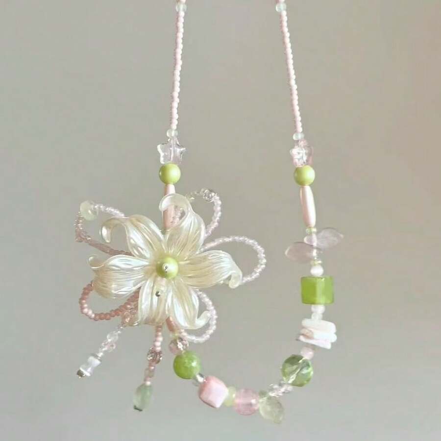1pc Fairy Style Flower Pendant Necklace, Sweet Fresh Beaded Chain Necklace For Women, Casual Daily Wear Jewelry - vòng cổ hoa tươi mát và trong suốt - Xem 1