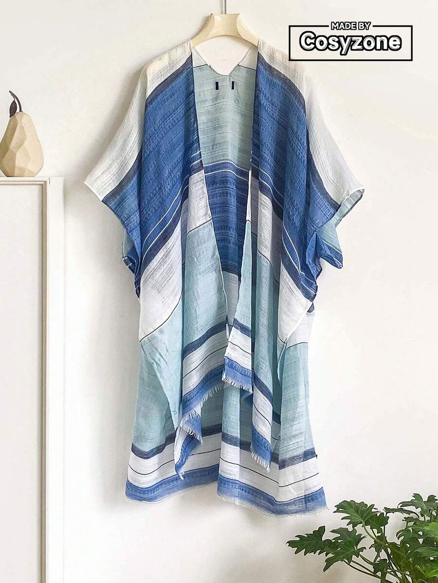 1 pieza Chal con abertura de estilo bohemio, prenda exterior casual para mujer, capa con flecos para protección solar, decoración de viaje, adecuado para vacaciones, sesiones de fotos, días festivos, toalla de playa - Azul - Ver 1
