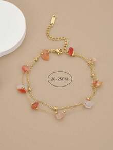 1 chiếc lắc chân bằng thép không gỉ hai lớp đính đá màu nâu thời trang dành cho nữ, thiết kế quả cầu vàng nhỏ, phong cách Bohemian, trang sức vàng, mùa hè, trang sức thép không gỉ, lắc chân, kỳ nghỉ biển, lễ hội - màu nâu - Xem 3