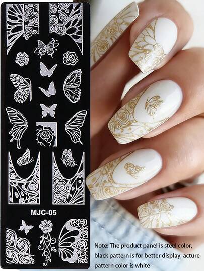 1pc Butterfly Rose Nail Stamping Plate, Stainless Steel Nail Art Stamp Template, French Style Luxury Flower Nail Print Stencil, Reusable DIY Manicure Tool For Press-On Nails, Nail Salon Supplies For Beginners, Vintage Rose Butterfly Nail Art Stamping Plate For DIY Nail Decoration, Nail Suppl