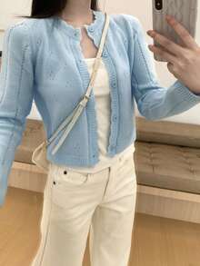 春季轻盈镂空针织开衫，百搭休闲通勤女式上衣，随机裁剪 - 藍色 - 查看 4