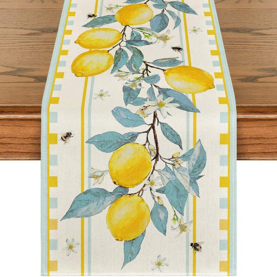 Taplak Meja Musim Panas Motif Pohon Lemon & Lebah, Dekorasi Meja Makan Dapur Liburan Musiman Cocok untuk Pesta di Rumah dan Dalam Ruangan - Kuning - View 1