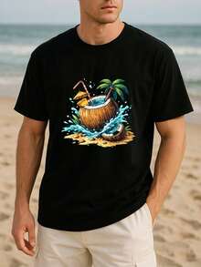 SHEINT-Shirt Coconut Beach Logo Seaside Vacation Style All-Season Pure Cotton T-Shirt, Simple And Stylish, Lightweight Round-Neck Short-Sleeve, Casual Short-Sleeve Round-Neck Pattern Printed T-Shirt-Soft-Lightweight-Comfortable Summer Vacation - White - View 9