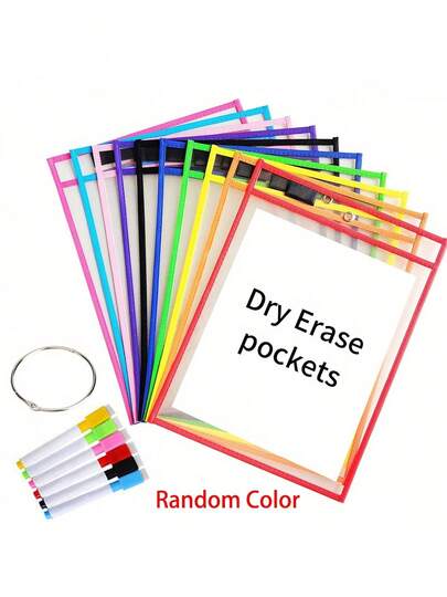 1 Set Reusable Dry Erase Pockets Sleeves With Pens Rings 10x14 Inch Clear Plastic Sheet Protectors Ticket Holders Heavy Duty Durable Waterproof Scratch Resistant Dust Proof Lightweight Portable Teacher Classroom Supplies School Supplies Art Supplies Back To School Multi Colors Dry Erase Sleve Dry Erase Pocket