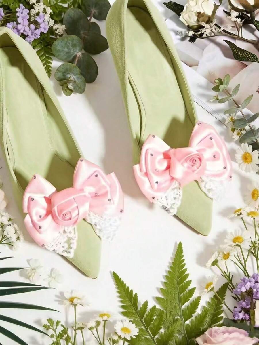 1 Par de Clipes Decorativos para Sapatos Elegantes de Estilo Coreano em Cetim com Design de Laço, Acessórios de Sapato Removíveis, Adequados para Sandálias, Saltos Altos / Apenas Clipes de Sapato, Sapatos Não Incluídos - Rosa chiclete - Visão 1