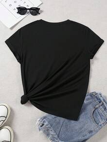 2026新款春夏优雅奢华高端时尚服饰！大码女式印花T恤 - 饰以珍珠和水晶，奢华优雅设计，适合日常休闲穿着，春夏圆领短袖上衣，黑色 - 黑色 - 查看 3