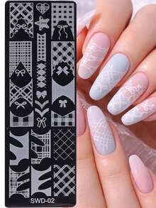 3 Stücke süße Schleifenband Nail Art Stempel Vorlagen, kombiniert mit Nail Stamping Tools, Spitze Rand Französisch Spitze Blumen Nail Schablonen aus Edelstahl, niedliche Accessoires für DIY Nagelstudio Zubehör - Silber - Übersicht 3