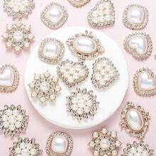 Vintage Pearl Rhinestone Flatback Beads 20PCS Acrylic Cabochons Flower Heart Oval Round Snowflake Shapes, Glossy Faux Pearl Gems For DIY Jewelry Wedding Bouquet Home Decor Party Supplies - White - View 7