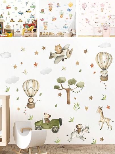 BRUP 1/2sheets Cartoon Animal Hot Air Balloon Wall Stickers With Cloud, Airplane And Car Patterns, Suitable For Kids' Rooms, Bedrooms And Nurseries, Removable Peel-And-Stick PVC, Cute Animal Wall Art