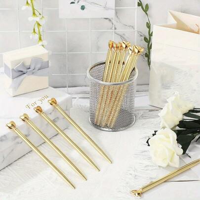 Bộ 5 bút bi kim loại hình trái tim, mực đen, ngòi cỡ trung bình, thân tròn, đóng mở kiểu vặn - Lý tưởng làm quà tặng cho doanh nghiệp, văn phòng, đám cưới và Giáng sinh.