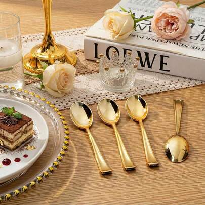 Gold Tableware Set, Suitable For Cakes, Salads, Pasta, Desserts, Appetizers, Ideal For Birthdays, Weddings, Parties, Family Gatherings, Team Building, Outdoor BBQs, Camping, Banquets, Mother's Day, Christmas And Other Occasions. The Set Includes A Full Set Of Cutlery, Spoons And Kitchen Utensils.