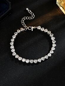 1pc Luxurious Copper Zirconia Inlaid Heart-Shaped Link Tennis Bracelet With Fashion For Women - 心型款 - 查看 1