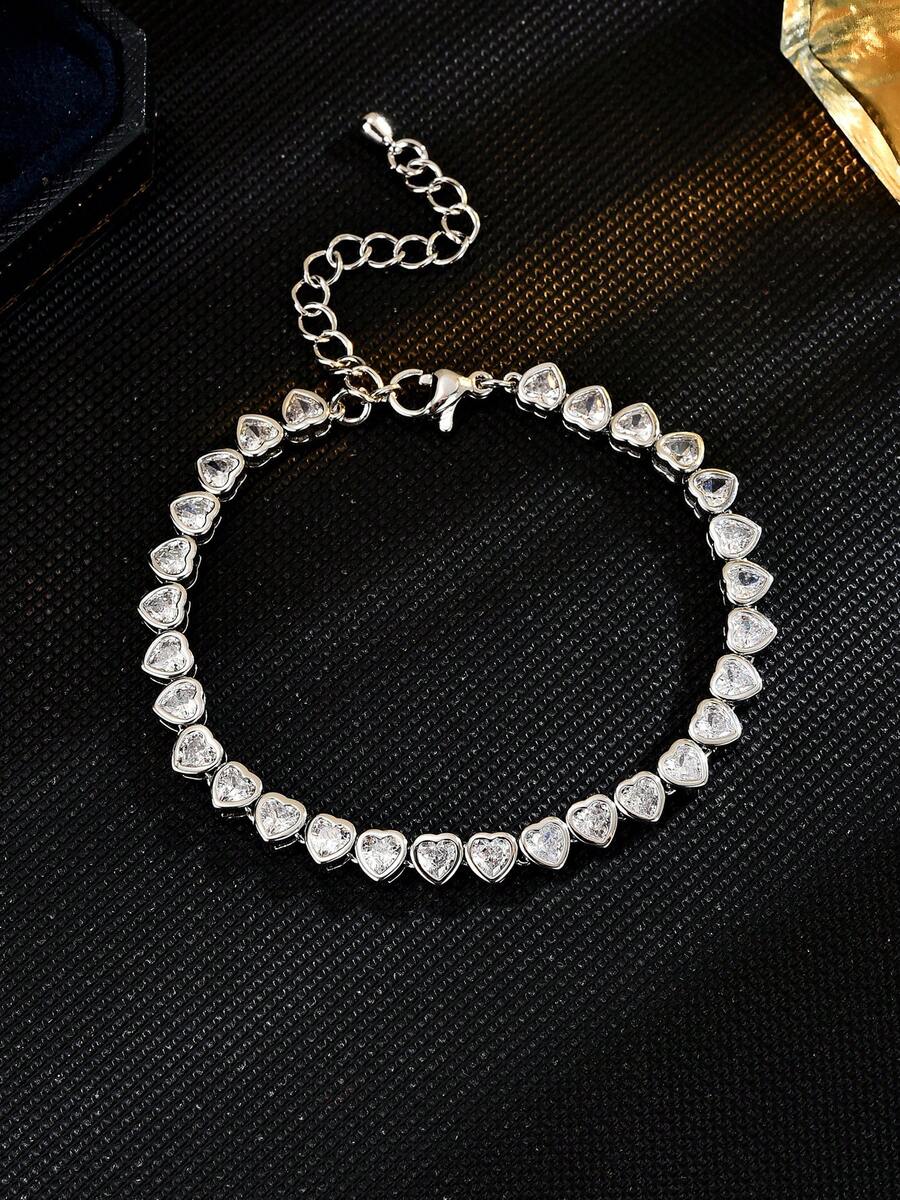 1pc Luxurious Copper Zirconia Inlaid Heart-Shaped Link Tennis Bracelet With Fashion For Women - 心型款 - 查看 1