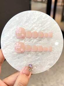 12片装（脚趾甲）超可爱手工可穿戴脚趾甲，多功能手绘粉色花朵，搭配粉色法式可拆卸甲片，内含果冻胶和摩擦条。 - 淺粉色 - 查看 11