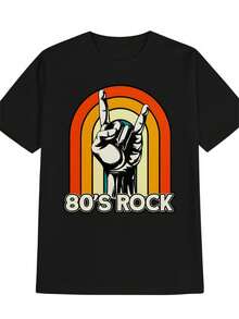 Camiseta Casual de Cuello Redondo para Hombre con Estampado Gráfico "80'S Rock", Estilo Retro, Regalo Perfecto para Hombres, Ajuste Regular con Tela Ligeramente Elástica, Ropa Casual de Verano |   Camiseta gráfica |   Material ligeramente elástico - Negro - Ver 3