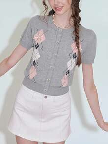 Áo khoác cardigan nữ tay ngắn cổ tròn, kiểu dáng thường ngày, dễ thương, thiết kế hình thoi, thắt nơ, thích hợp cho mùa hè. - Màu Xám nhạt - Xem 5