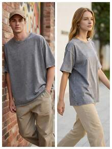 Vintage Washed T-Shirt | 100% Cotton Oversized Basic Tee | Retro Streetwear - 灰色 - 查看 4
