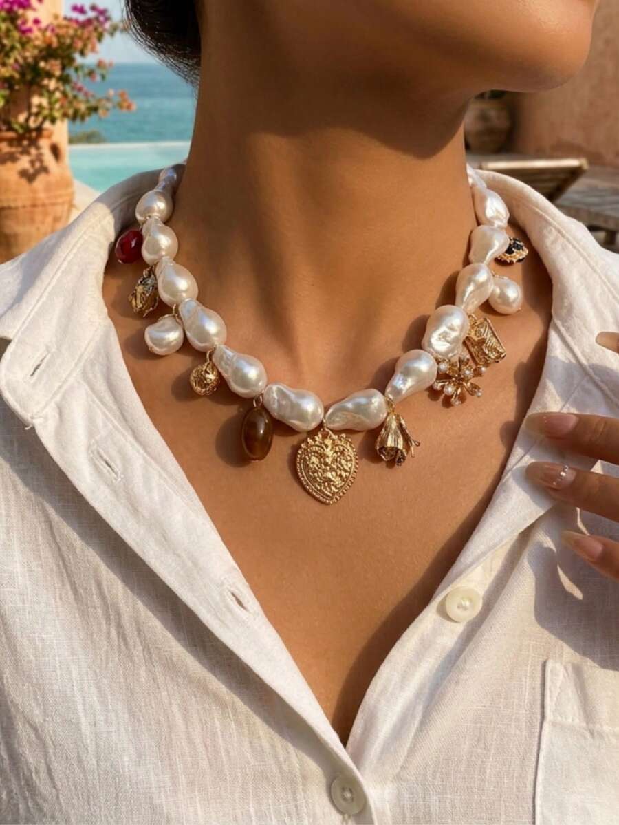 1件时尚百搭不对称ABS仿珍珠串珠心形、瓢虫、花朵吊坠项链，适合女性日常、旅行、派对佩戴 - 白色 - 查看 1