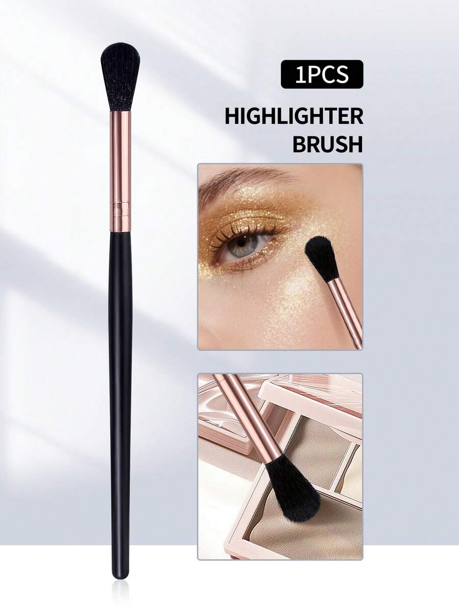 1Pc Fluffy Highlighter Brush, Soft Non-Shedding Black & Rose Gold Makeup Brush For Cheek & Eye Highlight Blending, Portable Cosmetic Tool