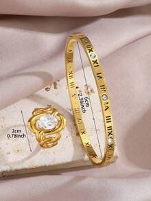 2 pièces Ensemble de bracelet et bague avec chiffres romains en strass, bracelet ouvert doré vintage avec zirconium ovale, bijoux élégants et polyvalents, convenant pour un port quotidien, cadeaux pour la petite amie lors des fêtes, anniversaire, anniversaire de mariage - Doré - Voir 2