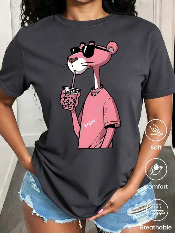 Camiseta de cuello redondo y mangas cortas de ropa fashion, fabricada en México, para la temporada primavera-verano 2025. Con estampado de dibujos animados, es un modelo de pareja, apta para usar tanto por dentro como por fuera, ideal para oficina y estilo casual, diseñada para hombres y mujeres, en unidad individual.