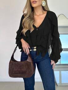 Women's Elegant V-Neck Ruffle Hem Asymmetric Button-Front Casual Chiffon Blouse, Long Sleeve Black Summer - Black - View 2