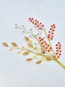 1pc Shiny Rhinestone Alloy Leaf Flower Branch Artificial Flower Fashion Crystal Decor Artificial Flower Holiday Gift Bouquet Durable No Maintenance Suitable For Wedding Decoration Home Tabletop Decor - Red - View 5