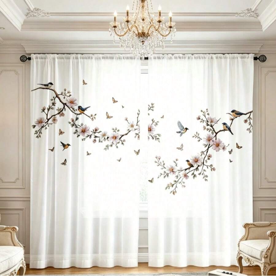 2pcs White Bird & Peach Blossom Print Curtains - Rod Pocket Design For Easy Hanging, Machine Washable Polyester Fabric Curtains For Living Room And Bedroom Decor - Multicolor - View 1