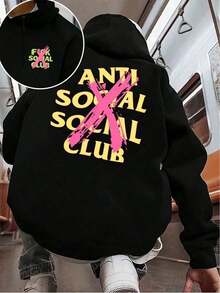 Anti Social Club Black Hoodie For Men, Quality Fabric, Loose Fit, Comfortable Fit, Casual, Eye-Catching Print, Printed On Both Sides. - màu đen - Xem 2