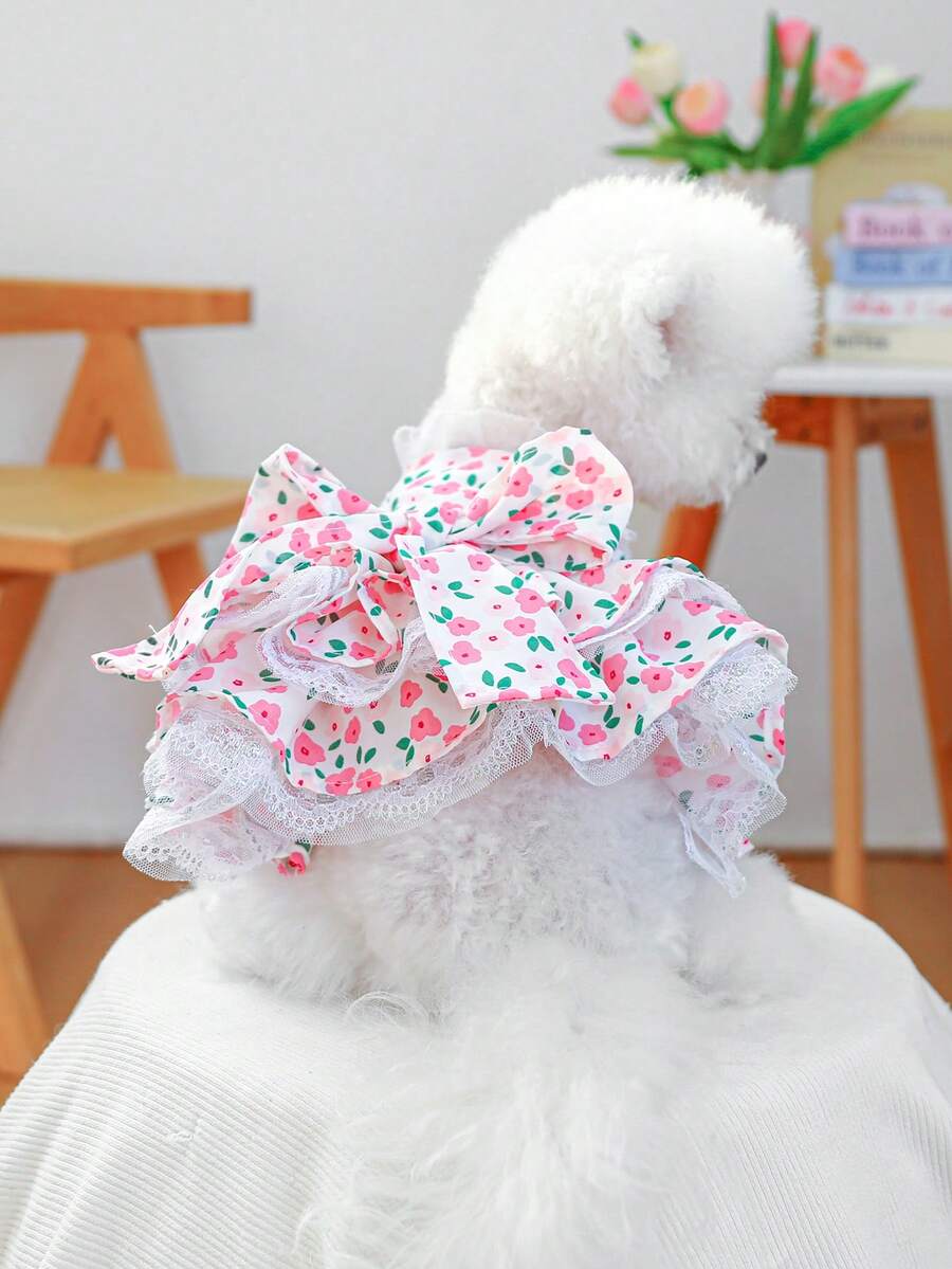 PETCIRCLE 宠物连衣裙,猫狗服装,小型犬、幼犬、博美犬、泰迪犬等室内外皆宜的休闲可爱网纱裙系列,小玫瑰碎花连衣裙 - 彩色 - 查看 1