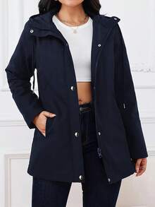Chaqueta de invierno con capucha para mujer talla grande - unicolor, detalle de botones, abrigo de primavera/otoño de poliéster lavable a máquina - Azul Marino - Ver 1