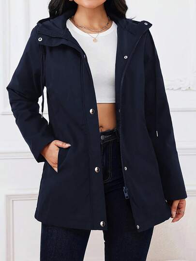 Plus Size Women's Casual Hooded Winter Jacket - Solid Color, Button Detail, Machine Washable Polyester Spring/Autumn Coat