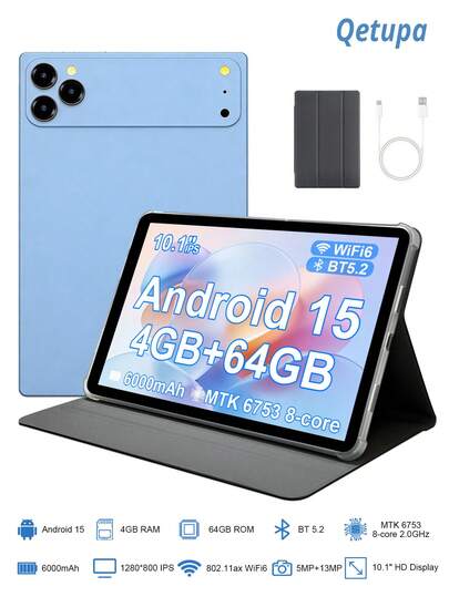 Qetupa 10.1英寸安卓15平板电脑，配备保护套，4GB RAM + 64GB ROM（可扩展至1TB），MTK6753八核2.0GHz处理器，高清(1280x800) IPS触控屏，500万像素前置摄像头和800万像素后置摄像头，6000mAh电池，蓝牙5.2，GPS，支持802.11ax Wi-Fi 6，Type-C充电接口，不支持SIM卡