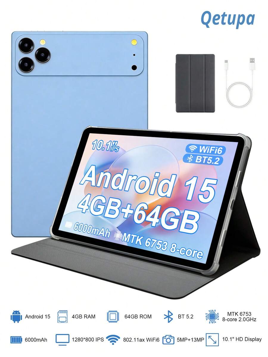 Qetupa 10.1 吋 Android 15 平板電腦附保護殼,4GB RAM + 64GB ROM(可擴充至 1TB),MTK6753 八核心 2.0GHz 處理器,HD (1280x800) IPS 觸控螢幕,5MP 前置鏡頭與 8MP 後置鏡頭,6000mAh 電池,藍牙 5.2,GPS,支援 802.11ax Wi-Fi 6,Type-C 充電埠,不支援 SIM 卡 - 藍色 - 查看 1