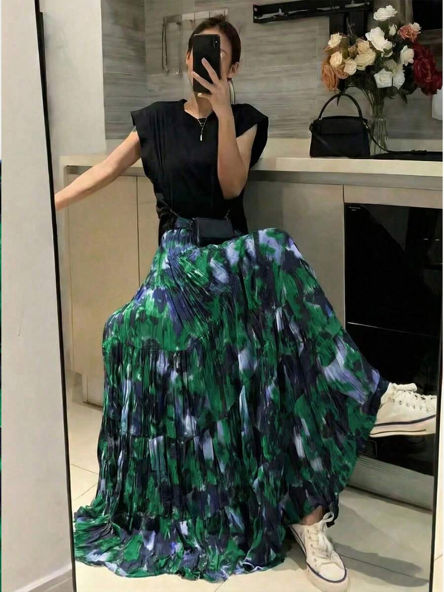 EARO 女款長版多層紮染印花裙,飄逸彈性腰身,時尚優雅顯瘦,高腰彈性抓皺收腰 A 字裙,適合春夏季 - 綠色 - 查看 1