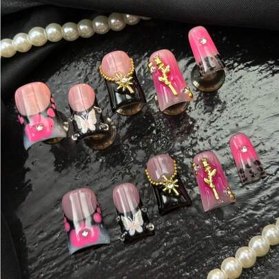 10pcs Handmade Fully Covered Short Duck Nails Acrylic Kit, Black Pink Nails, Black French, Hand Drawn Spotted Patterns, Petal Patterns, Y2K Style, 3D Starry And Rose Accessories, Acrylic Nail Supplies Are Suitable For Women And Girls To Theme Parties,Festivals, Out Of The Street, Daily,Gatherings&Ritual Use (With: A Piece Of JellyGlue And A Friction Strip) Nail Supplies